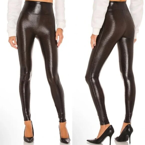 Spanx Vegan Faux Leather Croc Shine High Waisted Leggings Size Medium Stretch - Picture 1 of 16